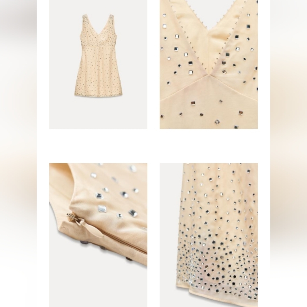 Zara ZW Collection Sparkly Rhinestones Cream Sleeveless Mini Dress Sz-L - Picture 4 of 9